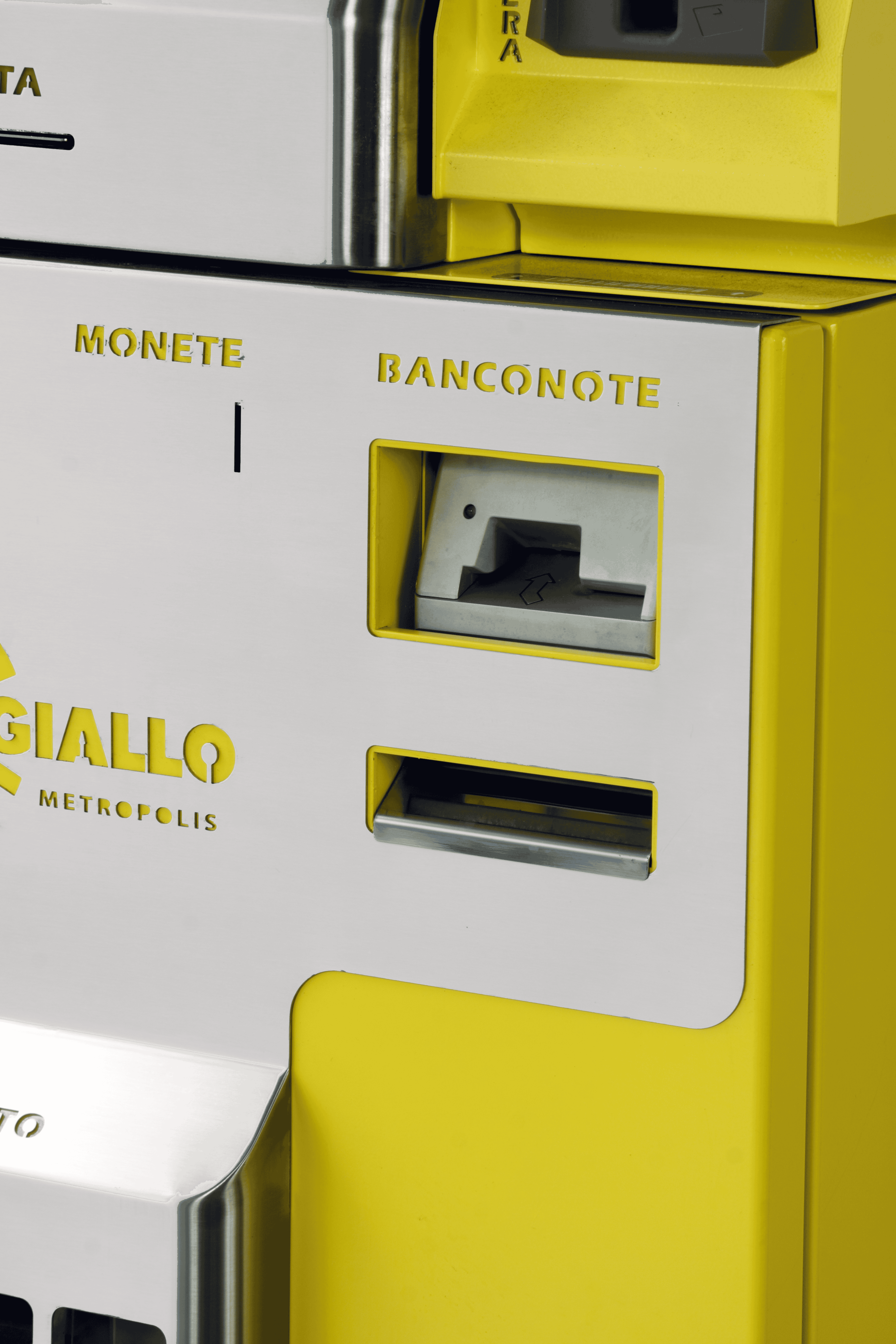 Distributore automatico di monete e banconote giallo.